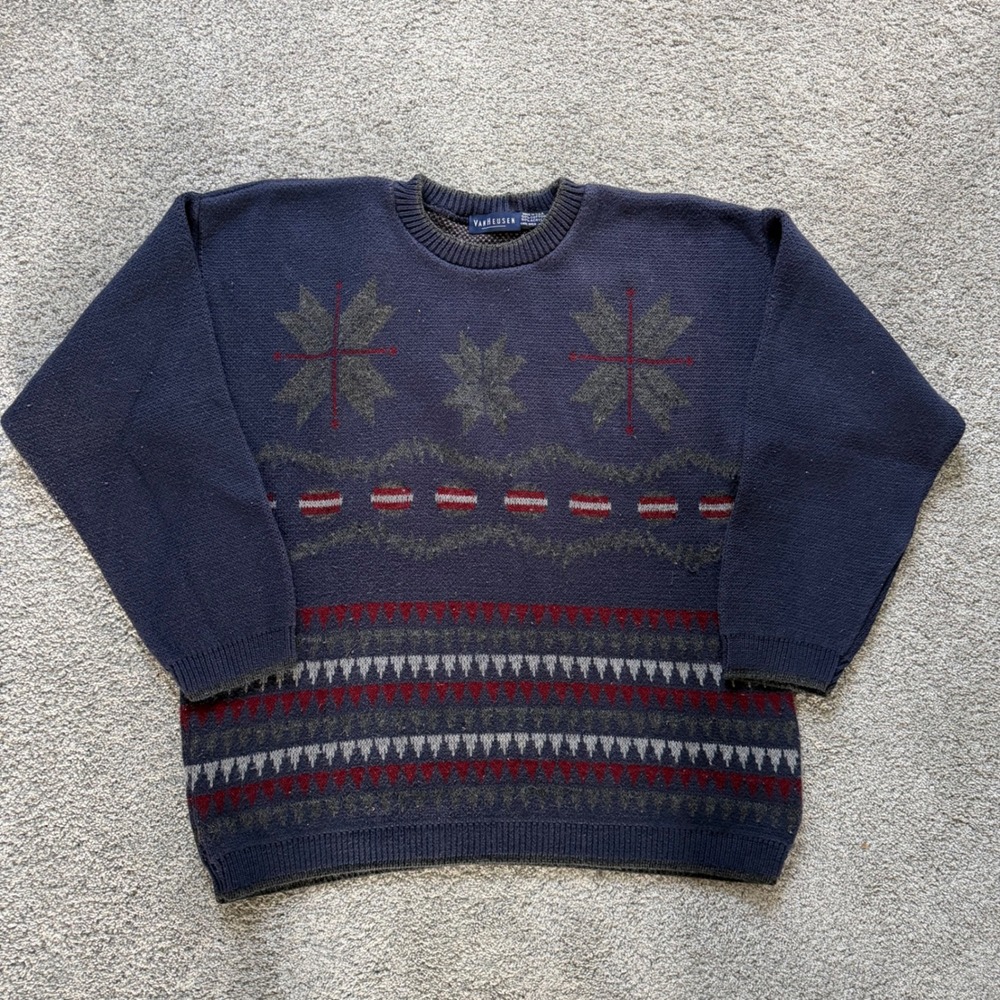 Van Heusen Vintage Mens Medium Fair Isle Knit Sweater Navy Blue Made in USA